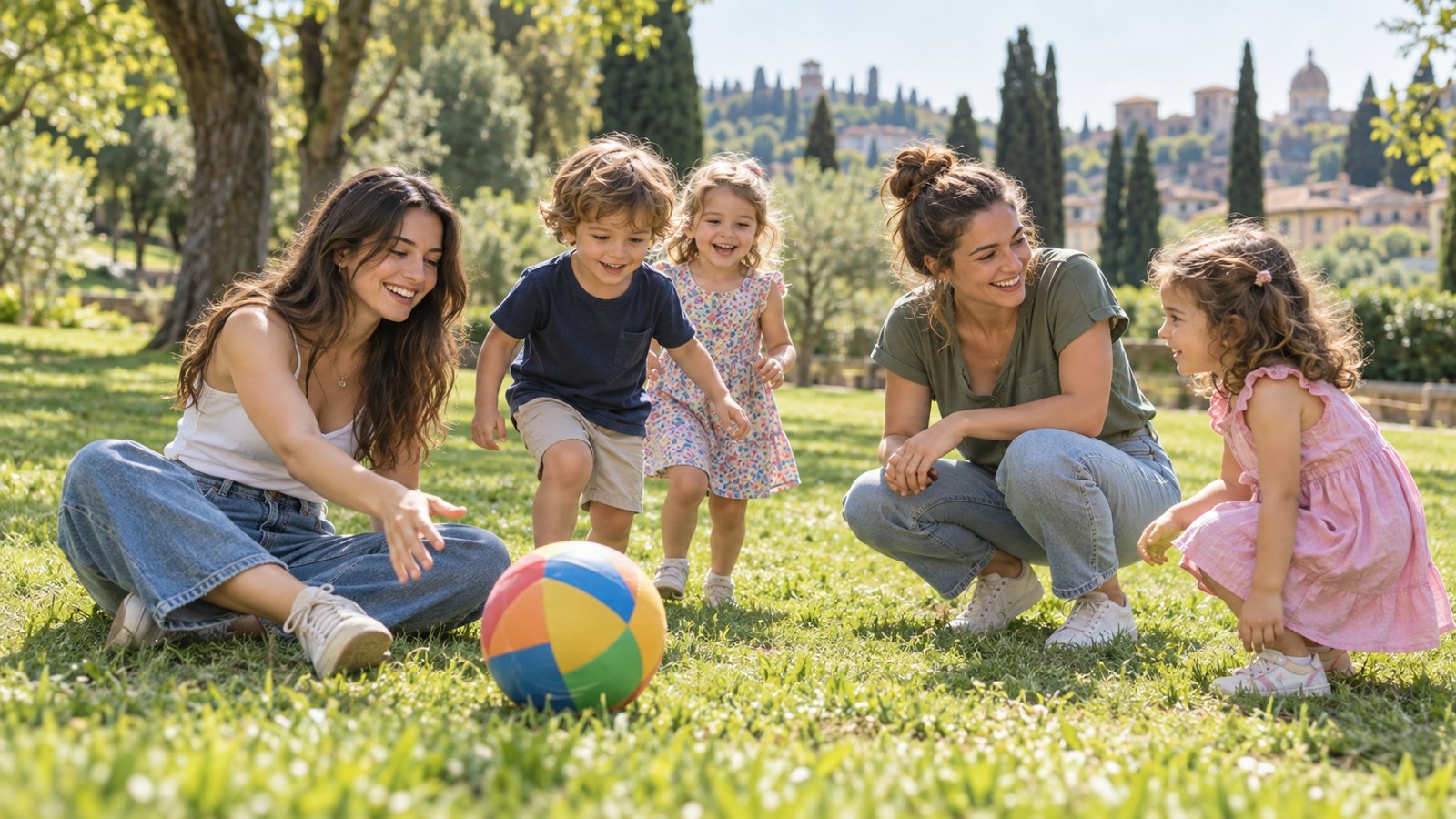 Babysitter e bambini giocano insieme sul prato